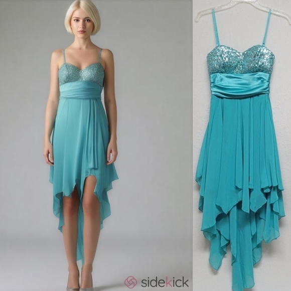 Fairycore Vintage Turquoise Satin Asymmetric Chiffon Sequin Push-Up Mini Dress